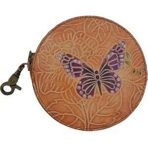 Anuschka Round Tan Coin Purse with Purple Butterfly